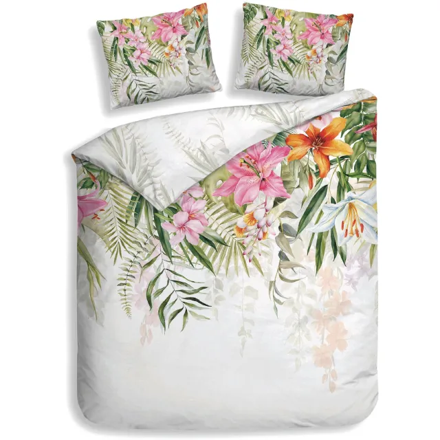 Heckettlane Dekbedovertrek Talia - Wit - Dekbedovertrek van 100% Katoen-Satijn - Bloemen - Dekbedovertrek 260x200-220 cm - Lits-Jumeaux XL - Palm Beach Talia White