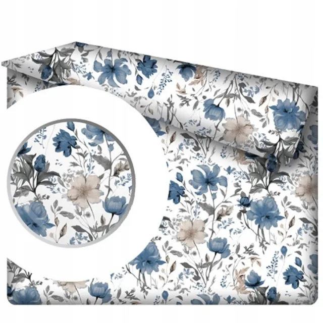 Designpremium Katoenen hoeslaken zonder elastiek, 160x200 cm, blauwe hibiscus bloemen