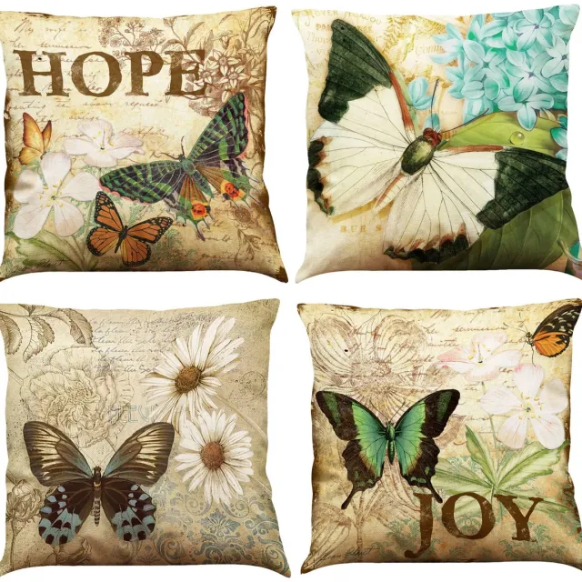 Ibenzoa Kleurrijke Set van 4 Sierkussenhoezen met Vlinderdesign voor Binnen en Buiten, 45 x 45 cm Beige