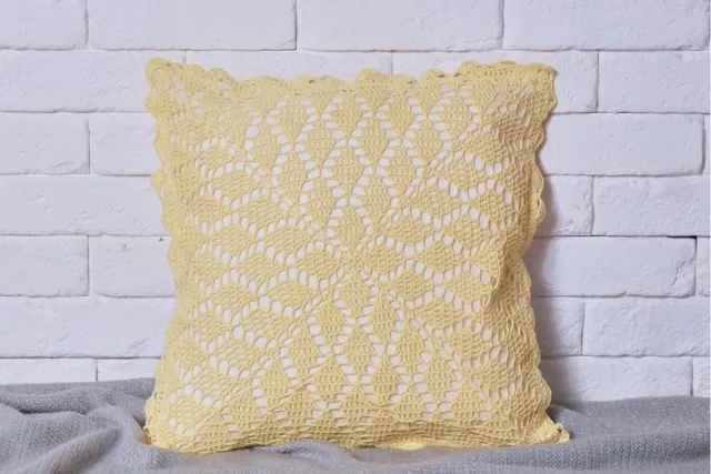 NATALIA- Tekstylia Domowe Gele Haakwerk Kussenhoes 40x40cm Katoen met Rits Geel