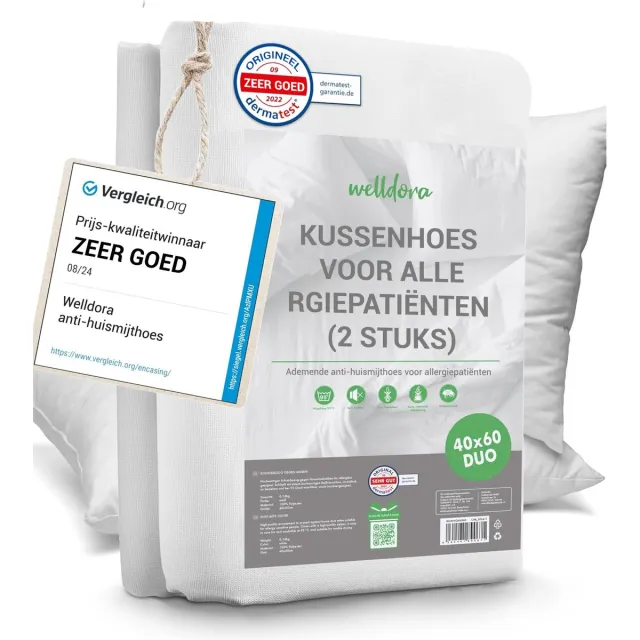 Welldora 2-Delige Set Anti-Allergie Kussensloop 40 x 60 cm met Rits | Geteste Kussenbeschermer Tegen Huisstofmijt | Oeko-Tex Gecertificeerd | Wasbaar tot 95°C | Encasing 40x60 cm voor Allergieën en Gevoelige Huid Wit