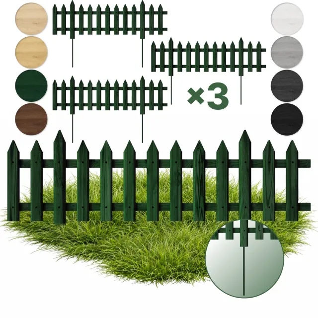 Floranica 3 ST houten tuinafscheiding 20 x 100 cm, groen, klassiek lattenhek met metalen palen, voor voortuin of groentebedden 3 Stk. / Groen
