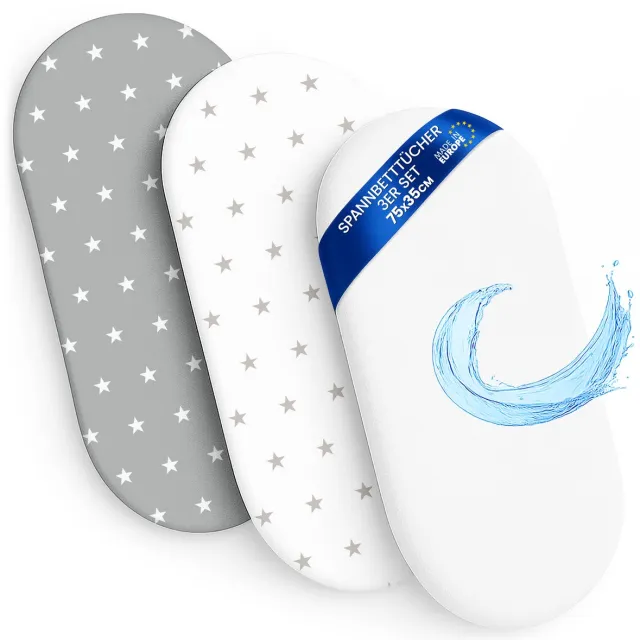 Totsy baby Hoeslaken Kinderwagen Baby Hoeslakenset Set van 3: 35x75 cm - 2x lakenset + 1x waterdichte matrasbeschermer - Babybed Accessoires voor Kinderbedje Aanschuifbed Wiegje 35 x 75 Sterren wit grijs