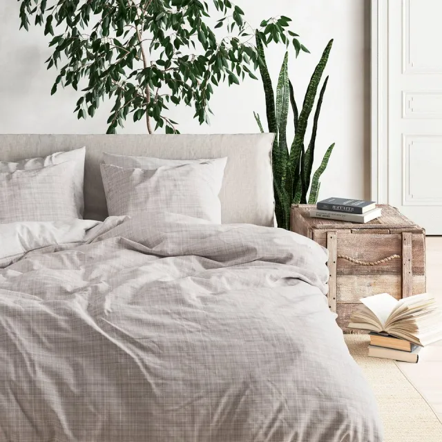 Mistral Home DEKBEDOVERTREK - katoenviscose - 260 x 240 cm + 2x 65 x 65 cm - extra breed - ruiten - beige- Duurzaam