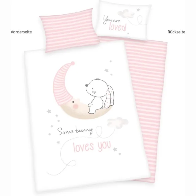 Famanu Beddengoedset voor kleine kinderen, Little Bunny omkeerbaar motief, dekbedovertrek 100 x 135 cm, kussensloop 40 x 60 cm, katoen/renforcé wit