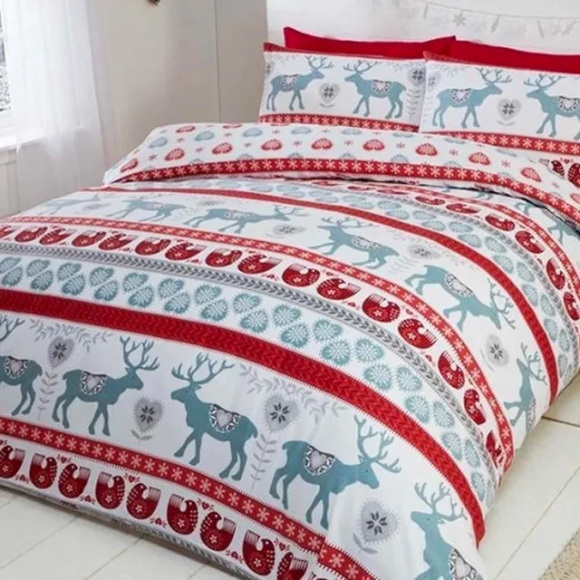 Catherine Lansfield 2-persoons flanellen dekbedovertrek (dekbed hoes) wit / grijs / rood met rendieren (ree / hert / eland), hartjes en vogeltjes in Scandinavisch design (rode strepen) FLANEL tweepersoons 200 x 200 cm (warm zacht voor winter, Sint & Kerst cadeau!)