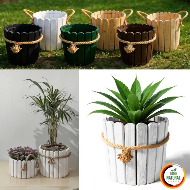 Floranica ronde bloempot 30 x 33 cm van grenenhout, plantenpot, bloembak, kruidenpot voor huis en tuin, voor binnen- en buitengebruik, wit omwikkeld met touw, wit