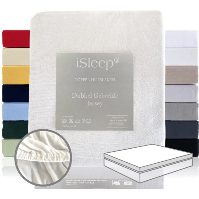 iSleep Dubbel Gebreide Jersey Topper Hoeslaken - Rondom Elastiek - Tweepersoons - 160x200/210/220 cm - Wit