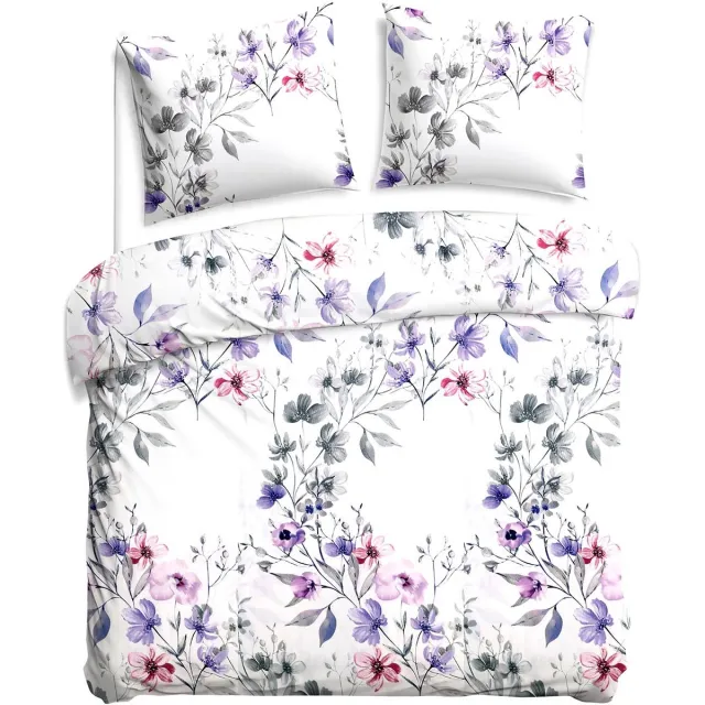 Darymex Satynlove Dekbedovertrek 180x200 cm - Paars / Grijs - Rozen & Bloemenboeket - 100% Katoen-Satijn (120 g/m²) - Tweepersoons - Met Ritssluiting - OEKO-TEX® - Met 2 Kussenslopen 70x80 cm Paars | Grijs