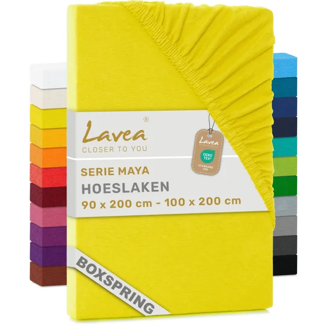 lavea Hoeslaken 90x200cm 100% Katoen – Hoge Hoek 35 cm voor Dikke Matrassen – met Elastiek Rondom in Jersey – voor Boxspring – Zonnegeel