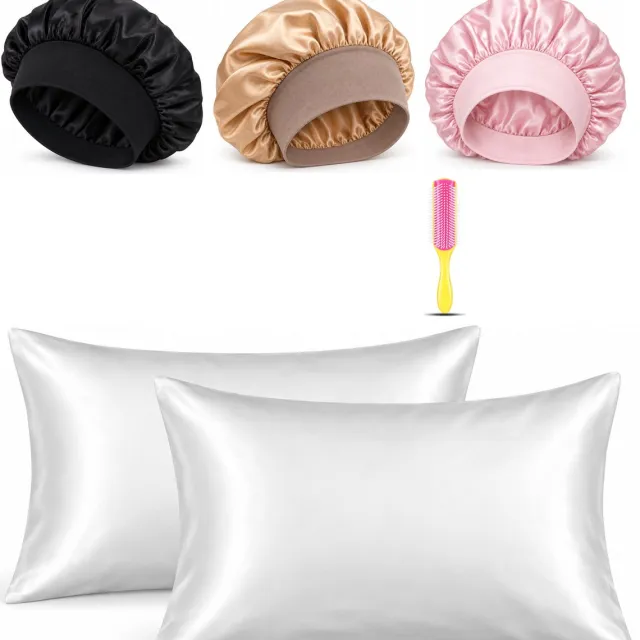 Professor Q Haar- en Slaapset - 2 Kussenslopen Wit 60 x 70 cm - Bonnet Roze - Bonnet Zwart - Bonnet Goud - Fusion Pink Borstel Kussenslopen wit | Bonnets roze + zwart + goud | Borstel Fusion Pink