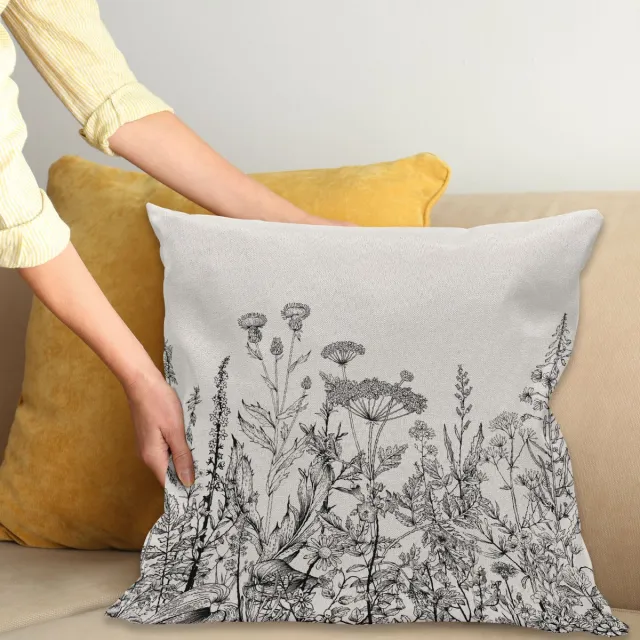 ABAKUHAUS Bloemenkussenhoes – Wildbloemen, Botanisch – 45x45 cm, Licht Eierschaal/Grijs licht eierschaal/donkergrijs