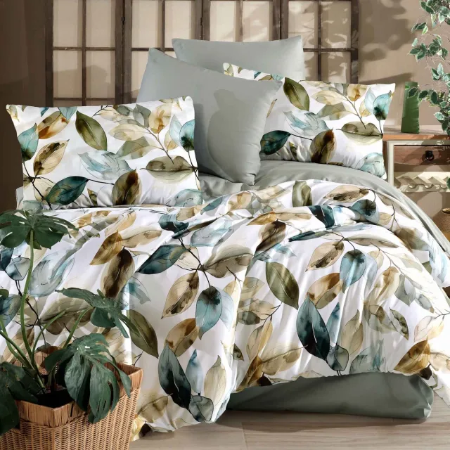 Darymex Luxury Sopron Dekbedovertrek 220x200 cm - Wit / Groen - Aquarel Bladeren & Botanisch Motief - 100% Katoen-Satijn (127 g/m²) - Lits-Jumeaux - Met Ritssluiting - Luxe Cadeaubox - OEKO-TEX® - Met 2 Kussenslopen 70x80 cm Wit | Groen | Turkoois