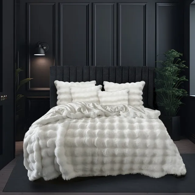 Eleganzzz Dekbedovertrek Bubble Pom Pom Rabbit Fur - Off White - Teddy Pluche - Dekbedovertrek 140x200/220cm - Teddy Dekbedovertrek - Fluffy Dekbedovertrek - 140x220cm - Eenpersoons dekbedovertrekken - Effen Dekbedovertrek