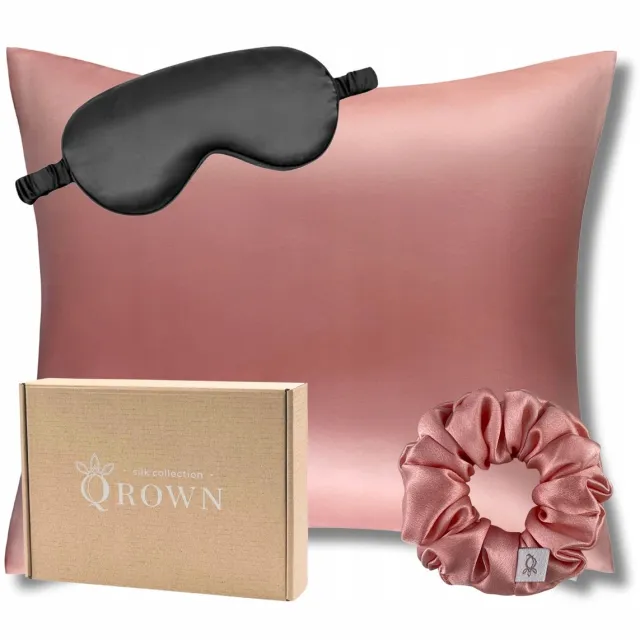 Qrown Zijde Kussensloop 70x80cm, Haarband & Slaapmasker - Luxe Cadeau Roze