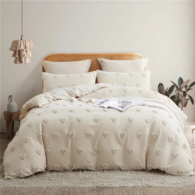 LUCKICE Beddengoed Bohemian beddengoed getuft hartje boho borduursel shabby chic microvezel zachte dekbedovertrek met rits en kussensloop Beige