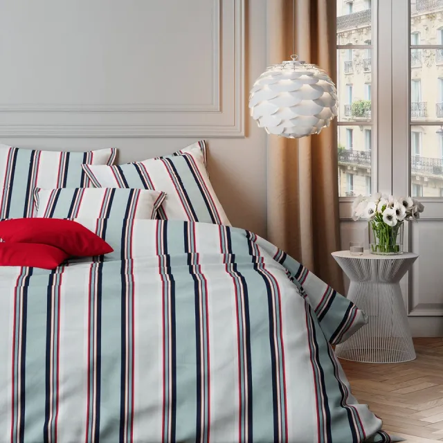 Mistral Home DEKBEDOVERTREK - katoensatijn - 140 x 200 cm + 65 x 65 cm - eenpersoons - strepen - wit Wit/Blauw/Rood