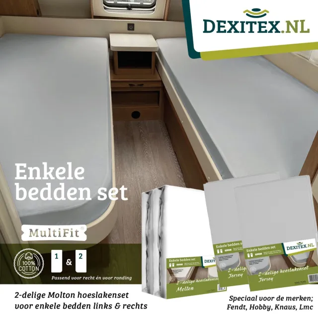 dexitex 1 x Molton + 2 x Hoeslakenset Lichtgrijs enkele bedden 2 delig geschikt voor Caravan Fendt-Hobby-Knaus-LMC-Tabbert-Weinsberg-Dethleffs-Bürnster 1 x molton + 2 x hoeslaken Licht grijs
