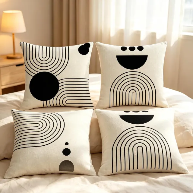 Huttutu Kussensloop - 4-delige Set Zwart-Wit Mid-Century Sierkussenhoezen - Modern Boog en Opkomende Zon Print - Formaat 45x45 cm - 4 Stuks