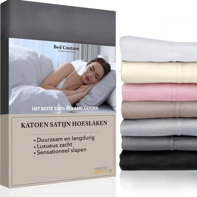 Bed Couture Satijnen Hoeslaken 100% Katoen Satijn - Antraciet - 120x200cm - Hoekhoogte 32cm - Super Zacht - 5 Sterrenhotel Kwaliteit