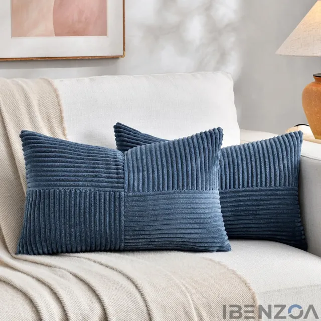 Ibenzoa Boho Kussensloop Set - Effen Blauw - 30x50 cm - Zachte Corduroy