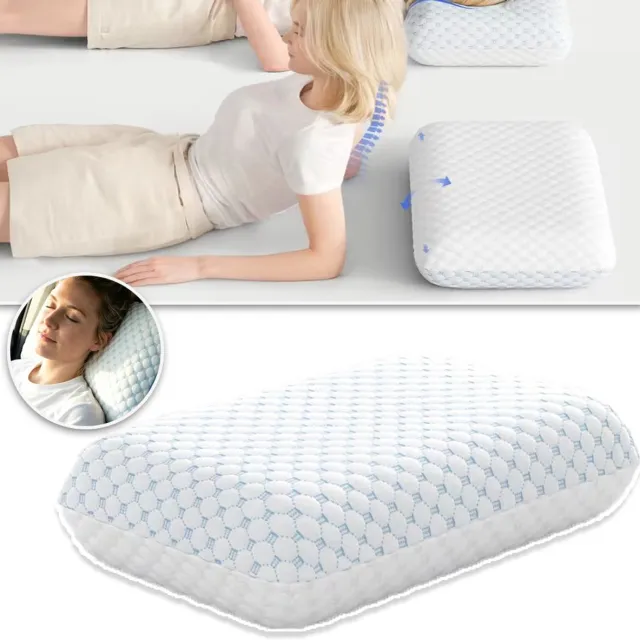 CHOOLY Ademend Traagschuimkussen Met Wasbare Hoes - Ergonomische Vorm Voor Nek- En Schouderondersteuning - Verborgen Ritssluiting Huidvriendelijk - Ideaal Voor Alle Leeftijden Wit Blauw
