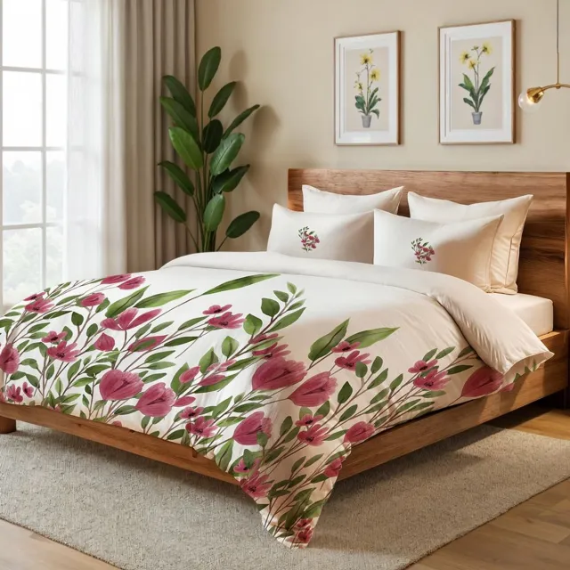 L'essentiel Maison Asir - Eenpersoons dekbedovertrekset (DE) - Crème, roze, bordeauxrood, groen - 70% katoen / 30% polyester - 30 x 30 x 5 cm