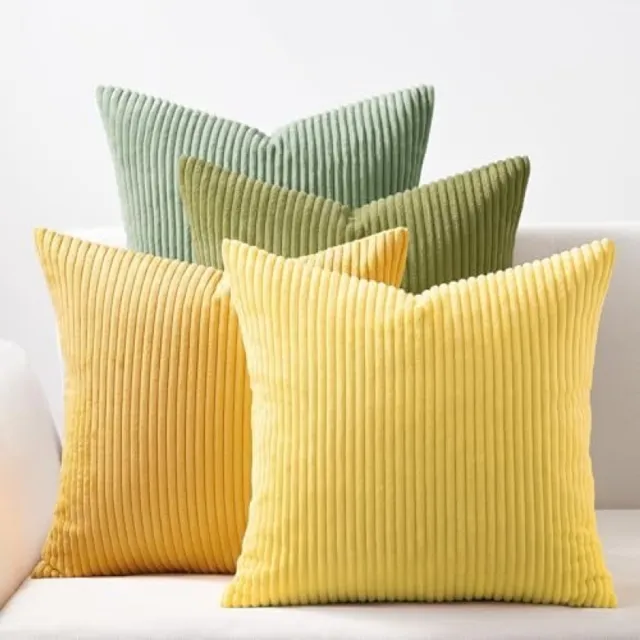 PromoHome kussenhoes set van 4 stuks 50x50 cm fluweelzacht corduroy materiaal gradiënt groen gestreept design decoratieve kussenslopen voor bank slaapkamer woonkamer balkon kindvriendelijk Geelgroen