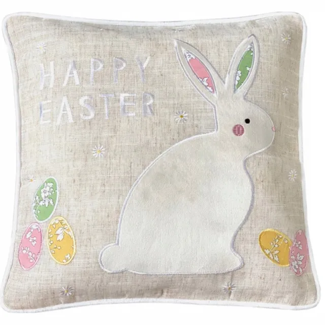 DeHome Paaskussenhoes 40x40 cm - Linnen Look met Konijn & Eieren beige