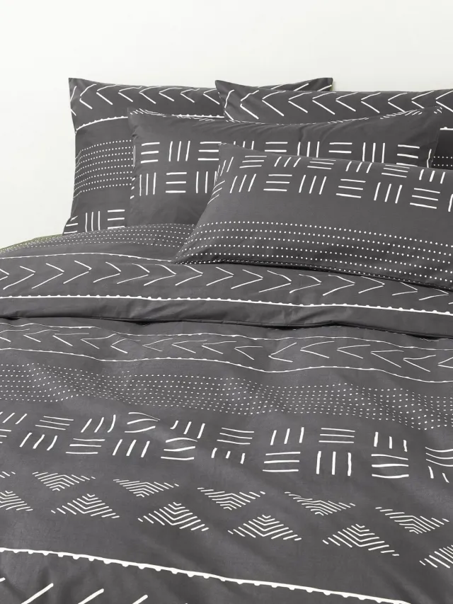 Westwing Collection Perkal katoenen dekbedovertrek Kohana met boho patroon Grijs
