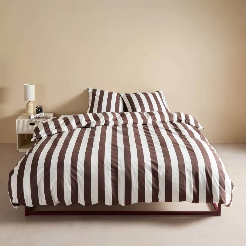 NOUS Living gestreept dekbedovertrek lits-jumeaux donkerbruin/offwhite, foto 4