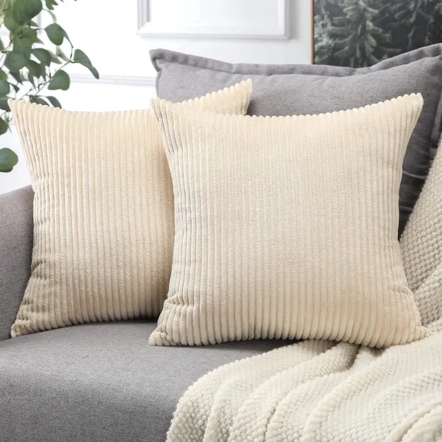 Famanu Set van 2 stuks ribfluwelen kussenhoezen zacht corduroy pluche 40 x 40 cm beige