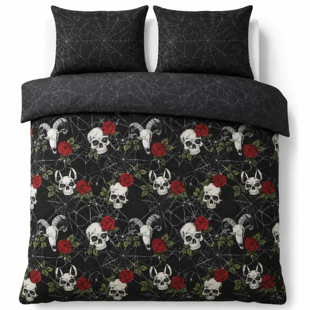 decoware Dekbedovertrek Skulls & Roses 240x220 cm - Microvezel - Met Kussenslopen - Lits-Jumeaux - Gothic & Dark Thema Multi