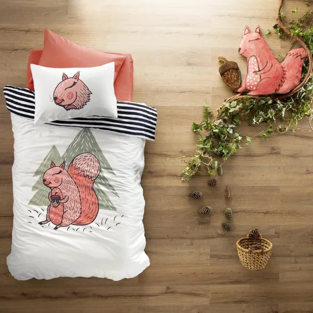 Little Hibboux dekbedovertrek Lovely squirrel katoen satijn 160x220 dierenprint eekhoorn Wit effen