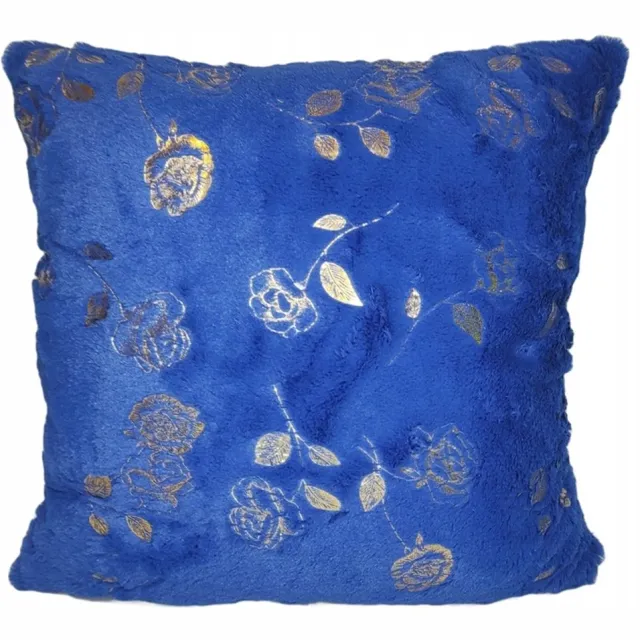 Granda Decoratieve Kussenhoes 40x40cm Blauw met Rozen - Zacht Pluche Blauw met gouden rozen