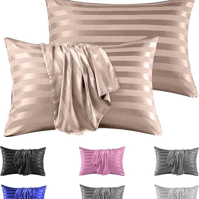 Famanu Satijnen kussenslopen 50x75 cm champagne beige set 2, satijn streep, envelopsluiting glad en zacht voor haar en huid Champagne/Beige