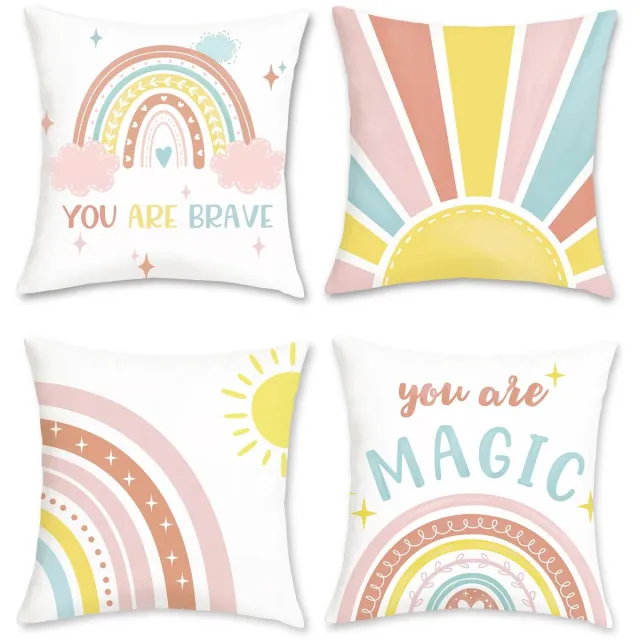 Ibenzoa Decoratieve kussenslopen met vrolijke regenboog en boho design, set van 4 stuks, 45x45 cm Boho Regenboog-3