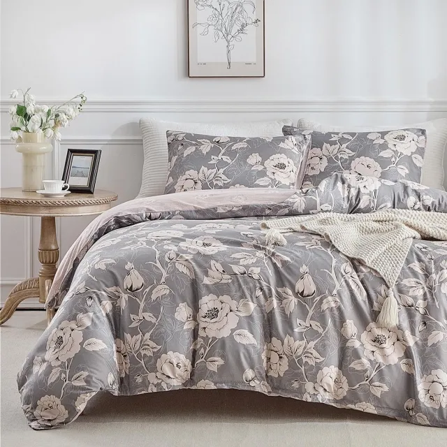 Unyqoos Elegante grijze bloemenprint dekbedovertrekset met microvezel en rits grijs