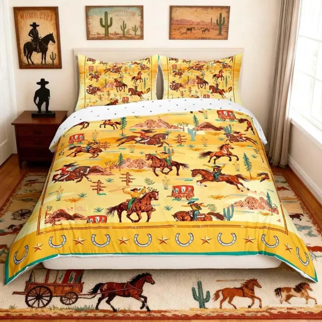Famanu Dekbedhoes met westerse decoratie, beddengoed in cowboystijl, 3-delig, inclusief dekbedovertrek en kussenslopen Geel