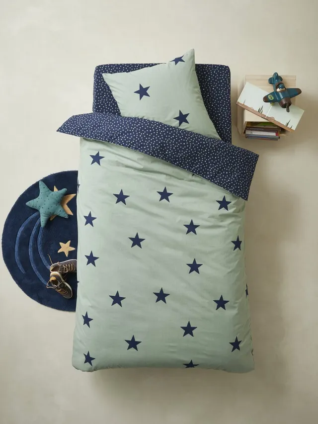 vertbaudet Dekbedovertrek + kussensloop kinderen DREAM BIG Basics Kaki / Marineblauw
