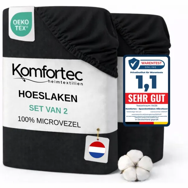 Komfortec Microvezel Hoeslaken set van 2 200x200 cm - 30cm Matrashoogte - Rondom Elastiek Zwart