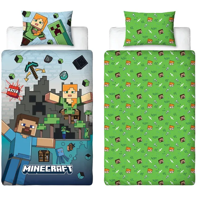 Minecraft Dekbedovertrek - Eenpersoons inclusief kussensloop - Geschikt voor 140 x 200 cm. - Dubbelzijdig multi colour