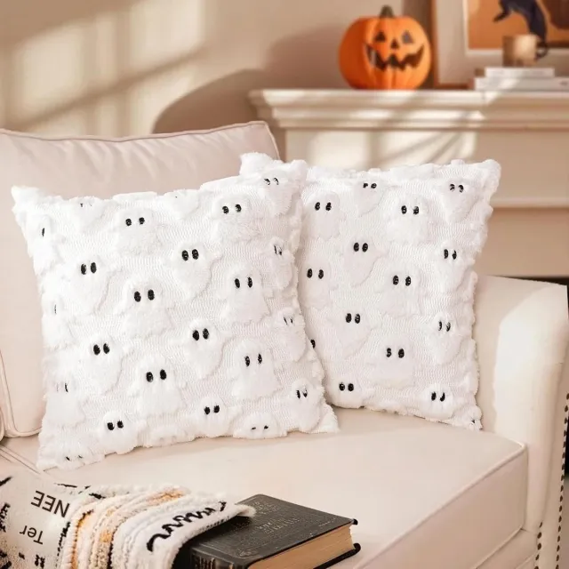 longziming Halloween Spook Kussenhoezen - Set van 2 - Witte Herfstdecoratie - 45 x 45 cm - Decoratieve Kussenhoezen voor Bank en Sofa - Sierkussenhoezen voor Woonkamer en Halloween