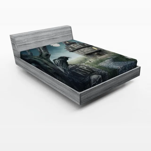 ABAKUHAUS Halloween hoeslaken, Spookhuis Kraaiengrijper, Zachte decoratieve stof met elastische band, 140 cm x 200 cm, Blauw Zwart