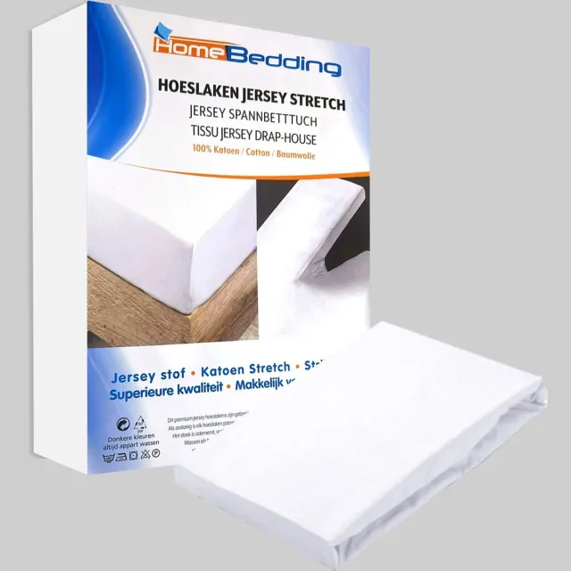 Home bedding Premium hoeslaken-jersey-100% katoen -stretch-1Persoons-90x200+30cm Hoekhoogte- Wit