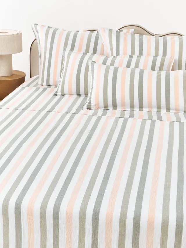 Westwing Collection Gewassen katoenen laken Harriet Groen, Roze, Wit