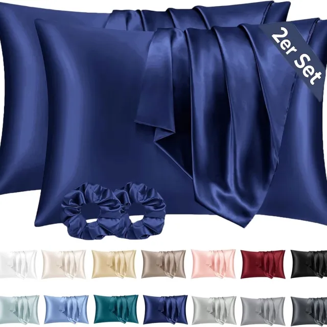 Vellaro Satijnen kussensloop - Marine - 70 x 40 cm - Satijn polyester - Set van 2 met haarelastiekjes