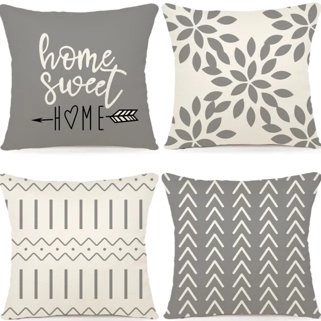 Unyqoos ® Set van 4 Linnen Sierkussenslopen voor Binnen en Buiten, Grijze Print, 40 x 40 cm grijs