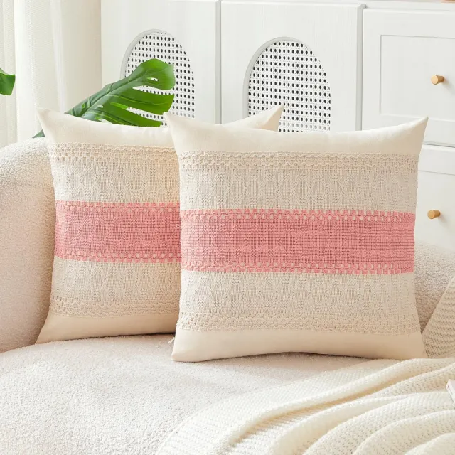 Unyqoos Set van 2 Bohemian gestreepte roze kussenhoezen met ritssluiting 55x55 cm Roze wit