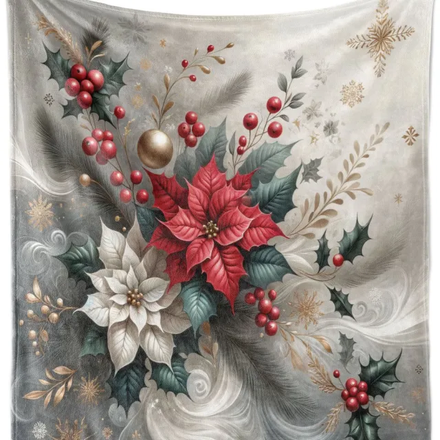 New Bed Kerstmis Kerstster en kerstbes Zachte Flanellen Fleece Deken, 230 cm x 175 cm Leisteenblauw en Donker Koraal